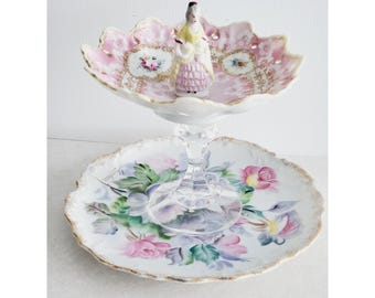 Schmuckschale Rosa Blumen Figur Tiered Schmuckständer Vintage Gold Vergoldet Shabby