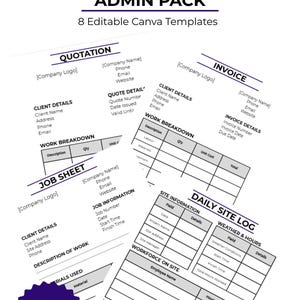 Puede incluir: Una colección de ocho plantillas de Canva editables tituladas Builder's Admin Pack, que incluyen documentos para presupuestos, facturas, hojas de trabajo y registros diarios de obra. Cada formulario contiene campos para datos de empresa y detalles de trabajo en formato A4.