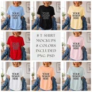 May include: A collection of eight t-shirt mockups in various colors including light blue, black, yellow, red, pink, white, peach, and light green. Each shirt features the text YOUR DESIGN HERE. The set includes PNG and PSD file formats.