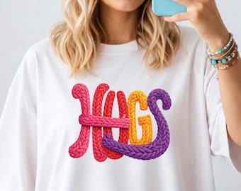 Hugs Knitted Design PNG, Colorful Yarn Style Graphic (Digital Download)