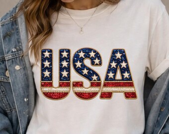 USA Sequin PNG, Patriotic Glitter Design, Fourth of July Graphic (Digital Download)