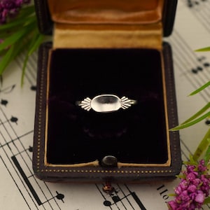 Op de afbeelding: Een zilveren ring met een gladde ovale plaat in het midden, geflankeerd door twee kleine waaiervormige decoratieve elementen aan weerszijden. De ring wordt gepresenteerd in een donkerbruin met fluweel bekleed juwelendoosje.