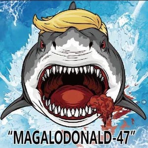 May include: A graphic illustration of a grey shark with a wide-open mouth and sharp teeth, wearing a blonde hairpiece. The shark is surrounded by blue water splashes and red debris. The text "MAGALODONALD-47" is printed in white at the bottom.