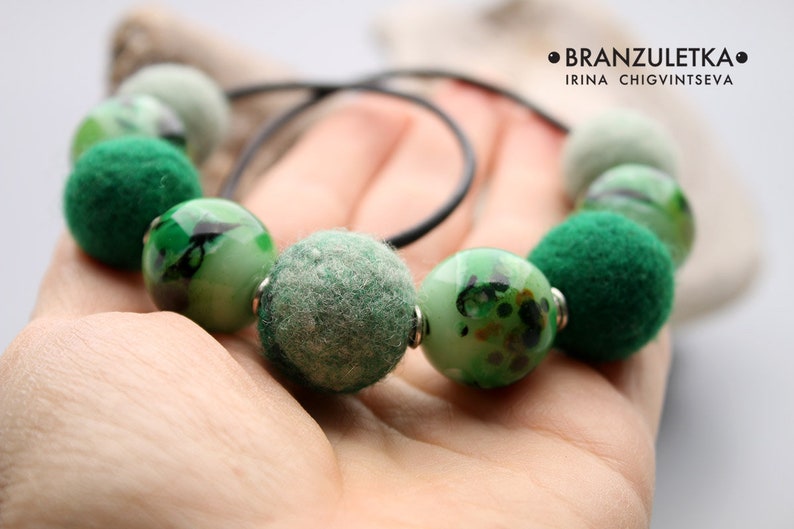Magic Forest Leather Cord Necklace Green Aventurine lampwork flamework art bead Felting