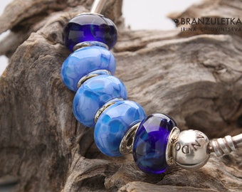 Shades sky - set 5 lampwork Branzuletka beads - 16 mm - charms bracelet - blue dark-blue - silver plated core