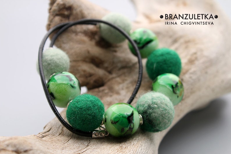 Magic Forest Leather Cord Necklace Green Aventurine lampwork flamework art bead Felting