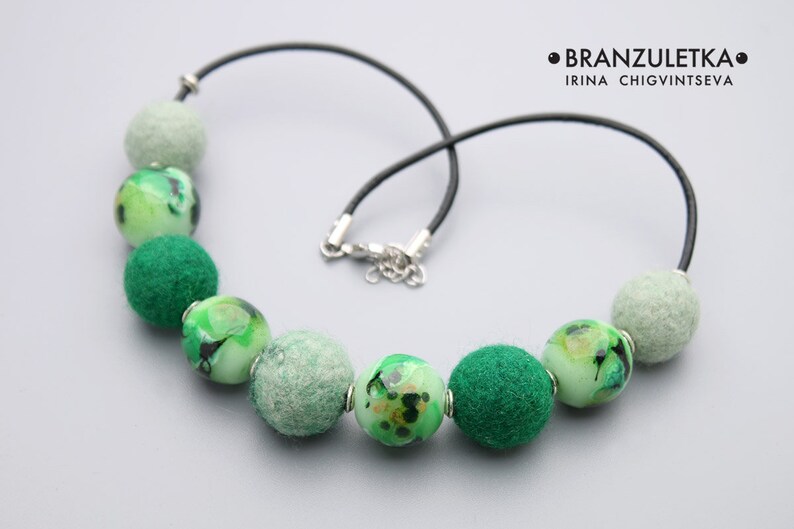 Magic Forest Leather Cord Necklace Green Aventurine lampwork flamework art bead Felting