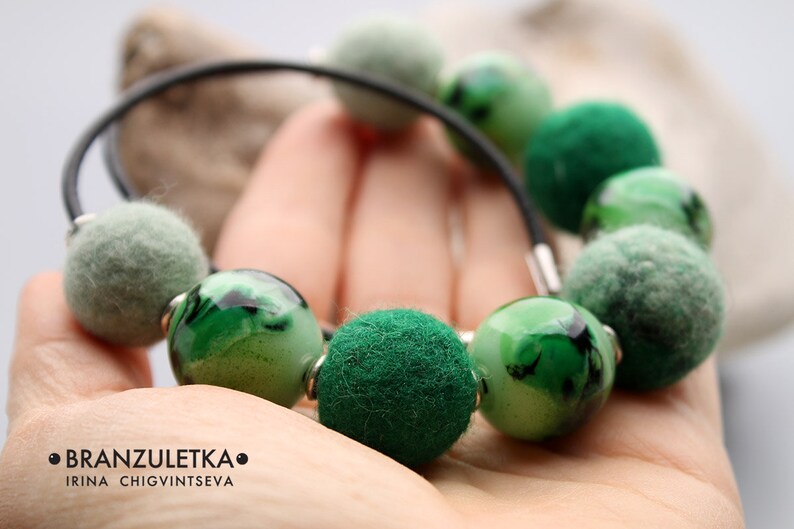 Magic Forest Leather Cord Necklace Green Aventurine lampwork flamework art bead Felting