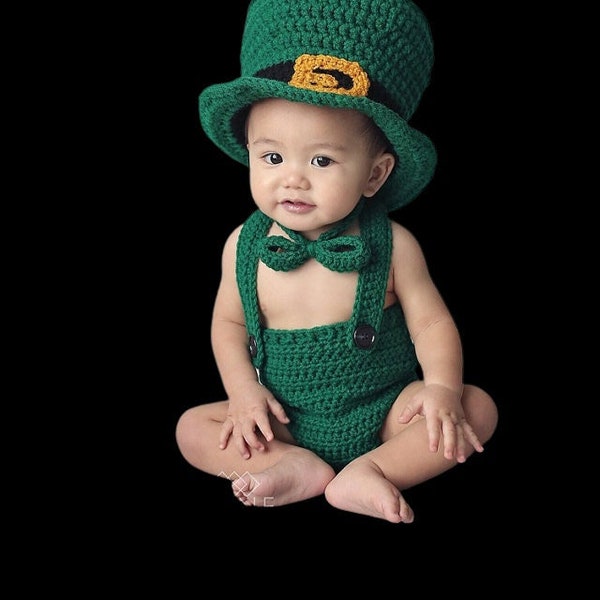 Leprechaun Hat and Bow Tie or Complete Set with Hat/Bow Tie/Suspenders/and Diaper Cover - Crochet - Made to Order