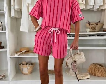 LUNARA striped set with pockets in hot pink