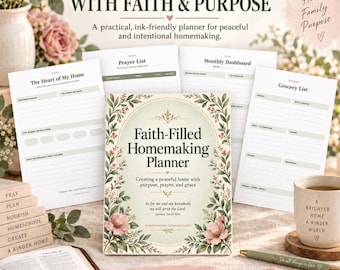 Könnte beinhalten: Ein Faith-Filled Homemaking Planer mit einem floralen, bogenförmigen Einband, der Seiten für Gebetslisten, Monatsübersichten und Einkaufslisten enthält. Der Text lautet: Plan Your Home With Faith & Purpose, Faith-Filled Homemaking Planner.