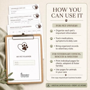 K&ouml;nnte beinhalten: Ein My Pet Planner Dokumentenset auf einem Holz-Klemmbrett mit einem braunen Herz- und Pfotenabdruck-Logo. Enth&auml;lt Seiten f&uuml;r Tierarztprotokolle, Medikamente und Aktivit&auml;tsverfolgung. Die rechte Seite zeigt Textanweisungen zur Nutzung des Downloads.