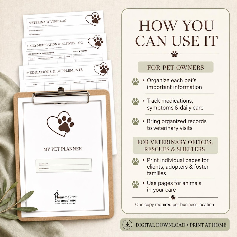 K&ouml;nnte beinhalten: Ein My Pet Planner Dokumentenset auf einem Holz-Klemmbrett mit einem braunen Herz- und Pfotenabdruck-Logo. Enth&auml;lt Seiten f&uuml;r Tierarztprotokolle, Medikamente und Aktivit&auml;tsverfolgung. Die rechte Seite zeigt Textanweisungen zur Nutzung des Downloads.