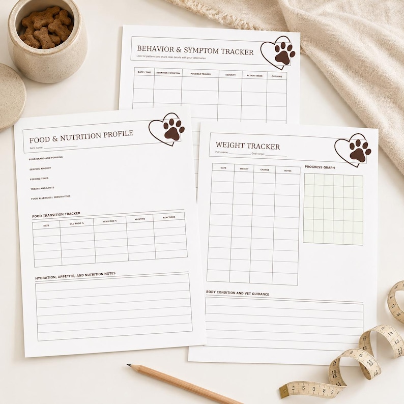 K&ouml;nnte beinhalten: Drei wei&szlig;e Papierb&ouml;gen mit gedruckten Haustier-Pflegeprotokollen mit den Titeln Behavior & Symptom Tracker, Food & Nutrition Profile und Weight Tracker. Jede Seite enth&auml;lt dunkelbraune Herz-Symbole mit Pfotenabdr&uuml;cken und Tabellen.
