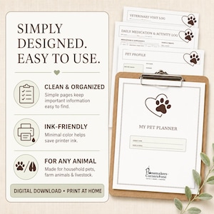 K&ouml;nnte beinhalten: Ein Haustier-Planer-Set als digitaler Download mit einem Klemmbrett, das ein My Pet Planner-Deckblatt sowie Seiten f&uuml;r Pet Profile, Daily Medication & Activity Log und Veterinary Visit Log zeigt, gestaltet mit dunkelbraunen Pfotenabdr&uuml;cken.
