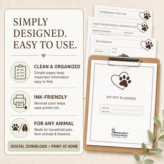 Pet Planner, Ink Friendly Dog, Cat, Livestock, Organizer (PDF) Printable