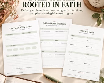Könnte beinhalten: Drei weiße Papierplanungsbögen mit dunkelgrünem Text, betitelt The Heart of My Home, Faith & Home Intentions und Seasonal Goals. Die Bögen enthalten linierte Abschnitte zum Schreiben, einen salbeigrünen Akzent und Bibelverse am unteren Rand.