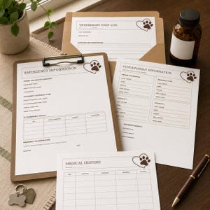 K&ouml;nnte beinhalten: Ein Set aus gedruckten Haustierpflegeformularen, darunter ein Notfallinformationsblatt auf einem braunen Klemmbrett, ein Tierarztbesuchsprotokoll, Tierarztinformationen und medizinische Unterlagen mit Herz- und Pfotenabdruck.