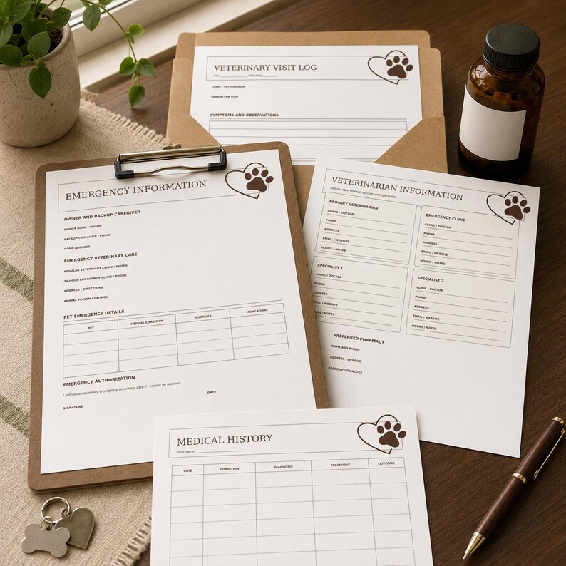 K&ouml;nnte beinhalten: Ein Set aus gedruckten Haustierpflegeformularen, darunter ein Notfallinformationsblatt auf einem braunen Klemmbrett, ein Tierarztbesuchsprotokoll, Tierarztinformationen und medizinische Unterlagen mit Herz- und Pfotenabdruck.