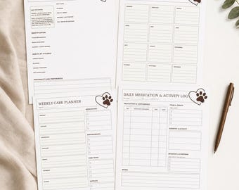 Könnte beinhalten: Vier weiße Papierbögen mit dunkelbraunem Text und einem herzförmigen Pfotenabdruck-Symbol. Die Seiten sind mit Pet Profile, Year at a Glance, Weekly Care Planner und Daily Medication & Activity Log betitelt und enthalten diverse leere Felder.
