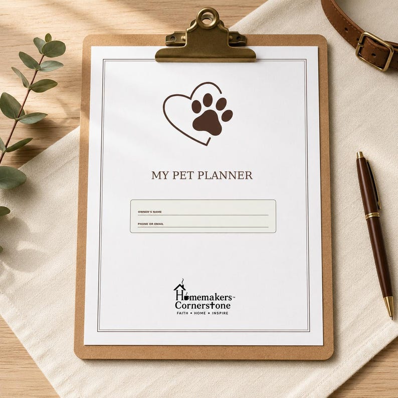 K&ouml;nnte beinhalten: Ein braunes Klemmbrett mit einem wei&szlig;en Blatt Papier, das mit MY PET PLANNER betitelt ist und eine braune Herz- und Pfotenabdruckgrafik zeigt. Die Seite enth&auml;lt Felder f&uuml;r den Namen des Besitzers, Telefon oder E-Mail und das Homemakers Cornerstone Logo.