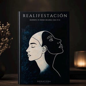 Puede incluir: Un libro de tapa dura negro titulado REALIFESTACIÓN con el subtítulo DESPIERTA TU PODER CREADOR. CREA TU R. La portada presenta una ilustración de líneas blancas de dos rostros de perfil sobre un fondo azul oscuro y negro. SONATURA está impreso en la parte inferior.