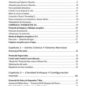 Puede incluir: Una página blanca con texto negro que muestra un índice. Enumera tres capítulos: Vibración y Manifestación, Estrés Crónico Y Sistema Nervioso Desequilibrado y Claridad Enfoque Y Configuración mental, junto con varios subtítulos y números de página.
