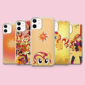 May include: Five clear phone cases featuring various designs of the character Sunset Shimmer from My Little Pony. The designs include a sun emblem, a collage of character images, a pony illustration, and a humanised character graphic.