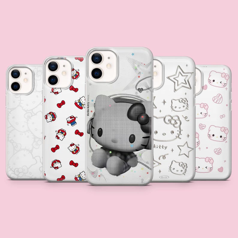 May include: Five clear smartphone cases featuring Hello Kitty designs. One case shows a large grayscale Hello Kitty with headphones, while others display repeating patterns of Hello Kitty faces, red bows, stars, and hearts in various line art styles.