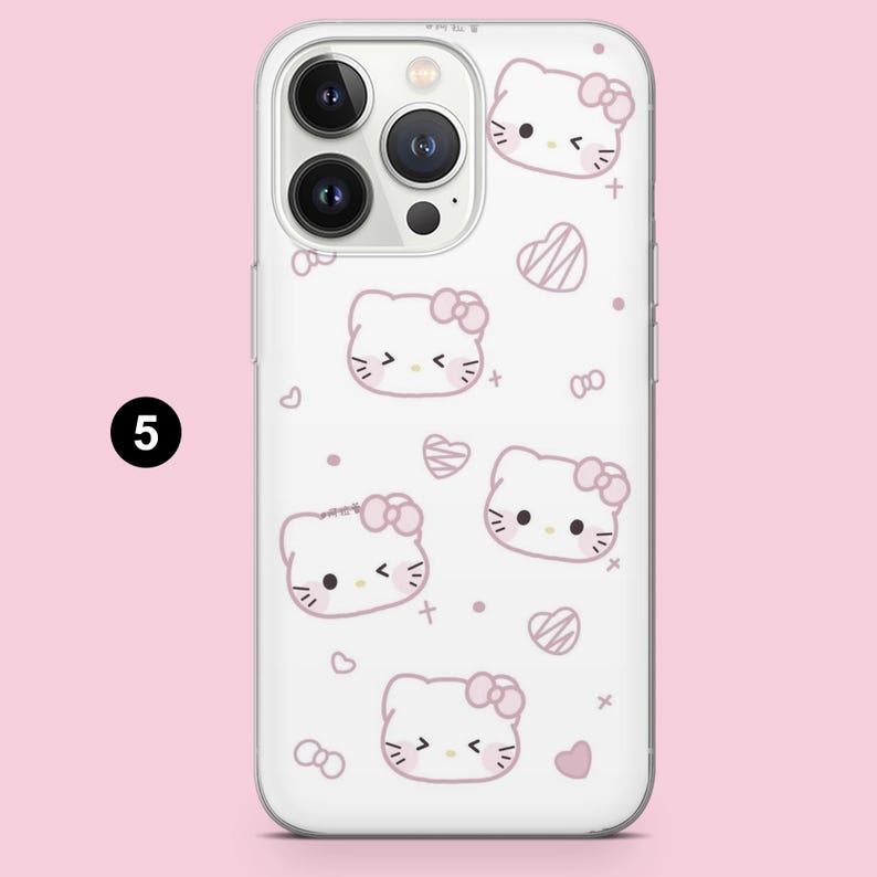 May include: A clear smartphone case featuring a repeating pattern of Hello Kitty faces with pink bows, small hearts, and tiny crosses. The design includes various expressions for the character, including winking and smiling, printed on a transparent surface.