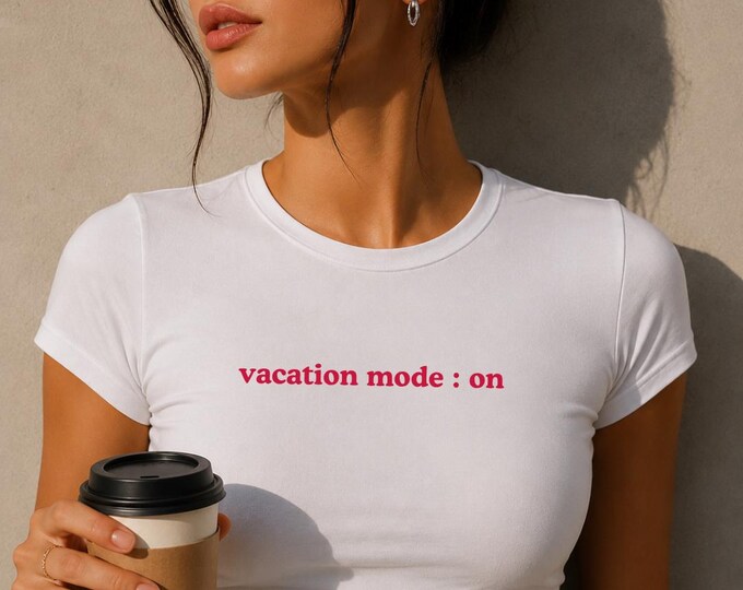 vacation mode : on Tee | Women's fitted t-shirt, minimalist text design