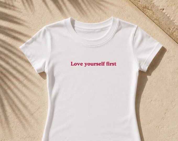 Women's Fitted Tee | Self Love Affirmation Graphic, Rosy Pink Script