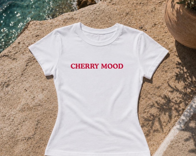 Cherry Mood Tee | Retro Red Text, Women's Fitted Shirt