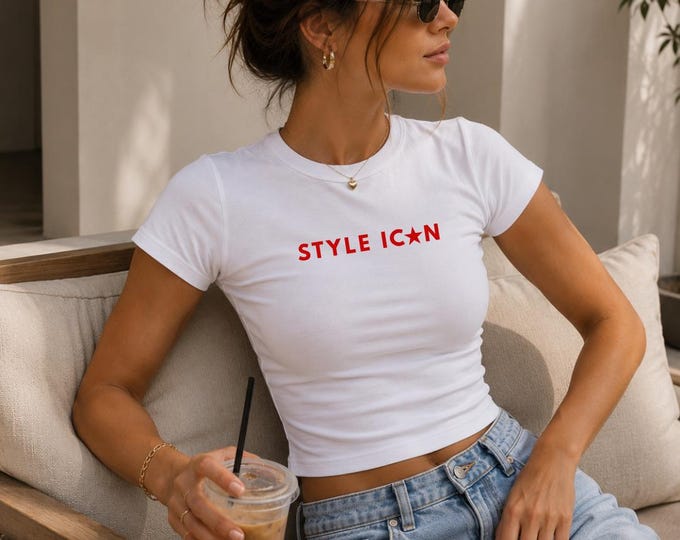 Style Icon Tee | Women's fitted graphic t-shirt, red star text