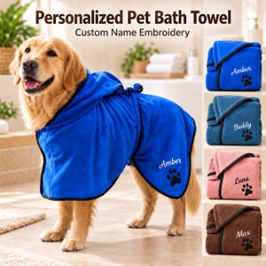 May include: A blue hooded pet bath towel with black trim and white embroidered name and paw print. The text reads Personalized Pet Bath Towel and Custom Name Embroidery. Additional folded towels in blue, teal, pink, and brown are shown.