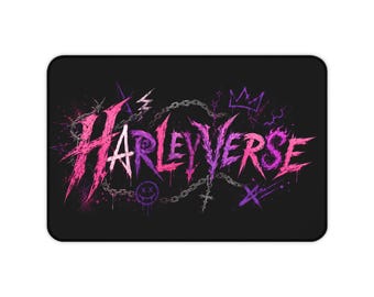 Harleyverse desk mat | Pink Purple Grunge typography, gaming mousepad