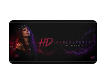 Harleyverse Neon Portrait Desk Mat | HD logo gaming mousepad, purple red vaporwave