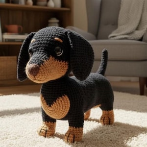 May include: A crocheted dachshund stuffed animal featuring a black body with tan markings on the chest, paws, and muzzle. The toy has large, dark, round eyes, a brown nose, and long, floppy ears, crafted with a visible yarn texture throughout.