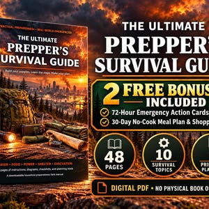 May include: A digital PDF guide titled The Ultimate Prepper's Survival Guide, featuring a cover with a backpack, flashlight, and map. It includes 2 free bonuses, 48 pages, 10 survival topics, and 9 printable planners for emergency preparedness.