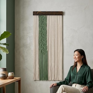 Green Leaf Macrame Wall Hanging, Boho Fiber Art Tapestry, Scandinavian Botanical Decor, Neutral Woven Wall Art, Minimalist Home Decor