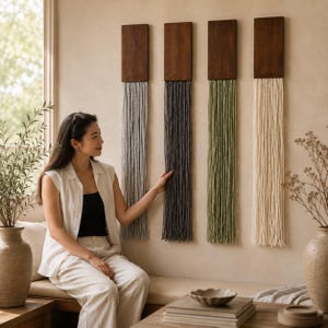 Minimalist Tassel Wall Hanging, Modern Fiber Art Decor, Japandi Woven Wall Hanging, Neutral Boho Textile Art, Long Vertical Wall Decor