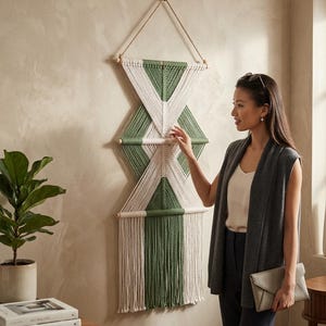 May include: A wall hanging made of cream and sage green macrame cord featuring a geometric pattern suspended from three horizontal wooden dowels. The design consists of intersecting diagonal lines and vertical fringe at the bottom edge.