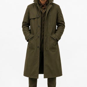 Herren-Trenchcoat, olivgrün | Handgefertigter Mantel im Militärstil | Vintage-Utility-Jacke