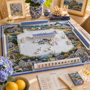Puede incluir: Un juego de Mahjong que incluye un tablero con una ilustraci&oacute;n de una casa costera y hortensias, fichas blancas con reverso azul, soportes para fichas y una tarjeta de puntuaci&oacute;n. El tablero muestra un &aacute;rea de juego con fichas dispersas.