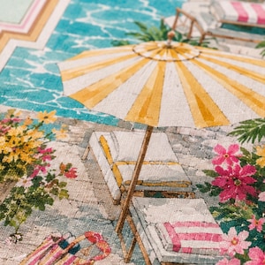 May include: A textured print depicting a poolside scene with a yellow and white striped umbrella, white lounge chairs, and vibrant pink and yellow flowers. The artwork features a turquoise swimming pool, green foliage, and a striped towel.