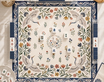 Peacock Garden Mahjong Mat, Folk Art Floral Neoprene Game Mat, Custom Monogram Mahjong Mat, Colorful Botanical Personalized Gift