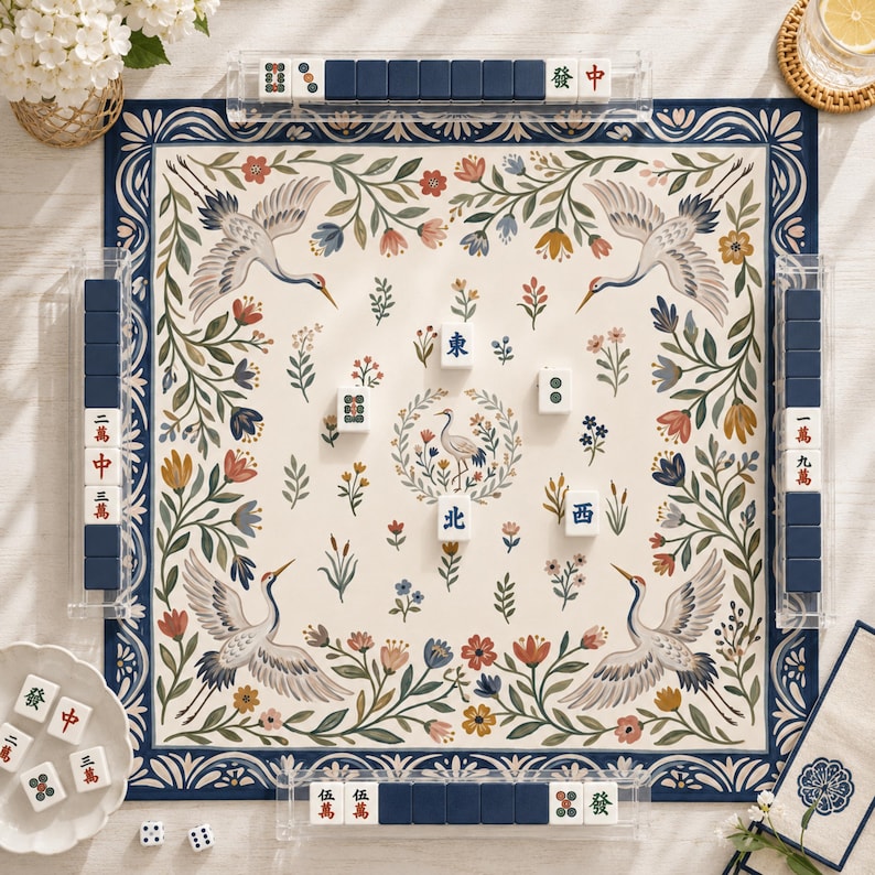 Tapete de Mahjong Jardín de Grullas, Tapete de Juego de Neopreno Floral de Arte Popular, Tapete de Mahjong con Monograma Personalizado, Regalo Personalizado Botánico Colorido imagen 1