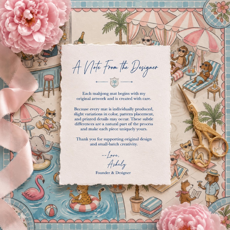 May include: A rectangular note with deckled edges featuring the text A Note From The Designer, placed over a colorful illustration of animals at a pool. A pair of gold-colored scissors rests on the right, with pink flowers in the corners.