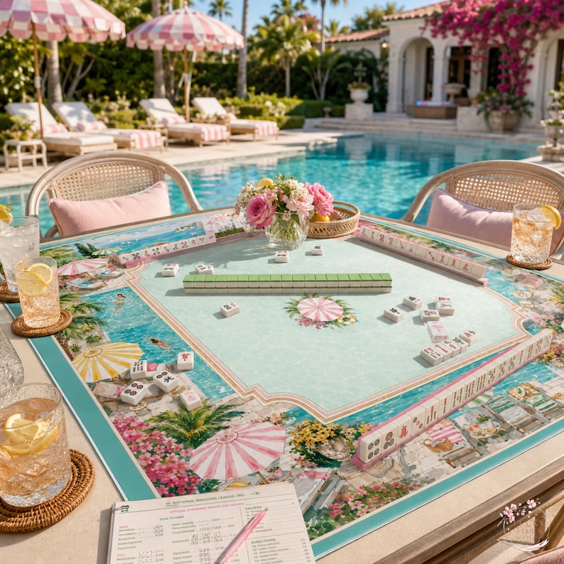 May include: A square mahjong game mat featuring a light blue pool scene with pink and white striped umbrellas, floral accents, and scattered mahjong tiles. The mat includes a central playing area, a score sheet, and two glasses of iced tea.