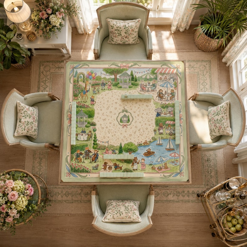 May include: A square mahjong table featuring a light green border and a central play surface decorated with a detailed illustration of anthropomorphic animals in a park setting, surrounded by four upholstered chairs with floral pillows.